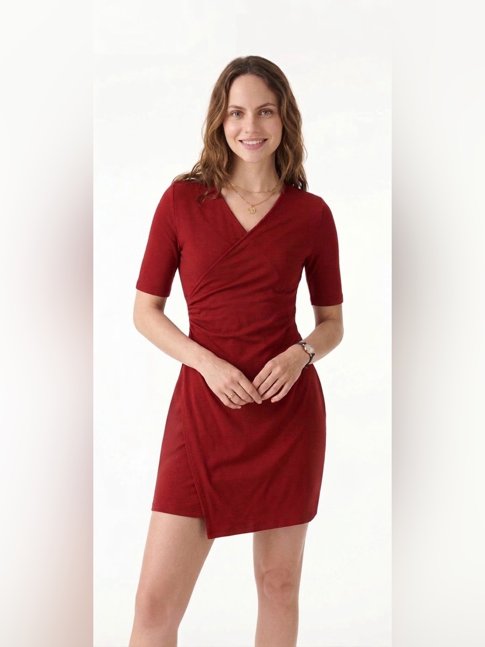 OGL Red Surplice Ruched Fit Flare Mini Dress Size Medium